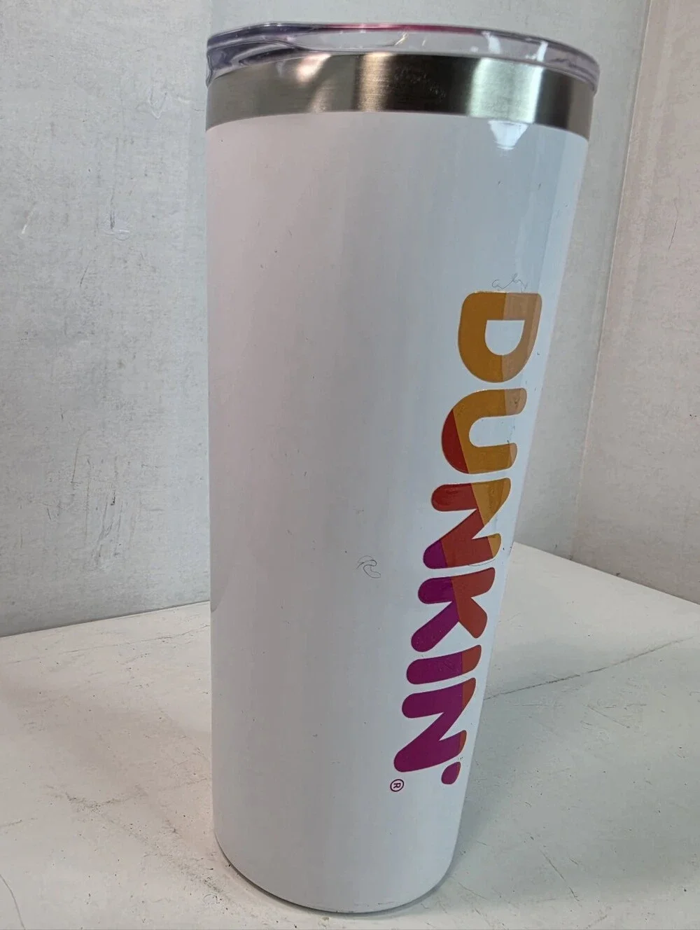 Dunkin' Donuts Classic 20 oz. white stainless steel hot/cold travel tumbler.